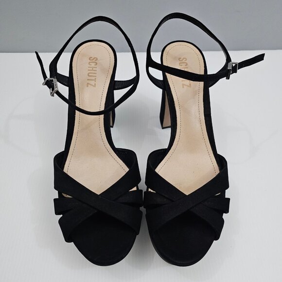 Schutz Keefa Platform Block Heel Womens 10 Black Nubuck Strappy Sandal Evening - Picture 4 of 13